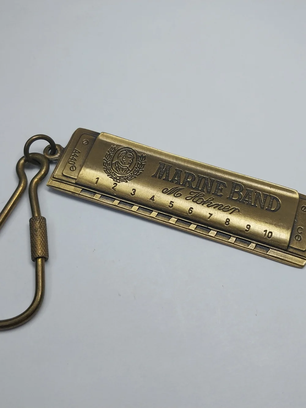 Vintage 1986 Brass M. Hohner Marine Band Harmonica Collectible Keychain USA